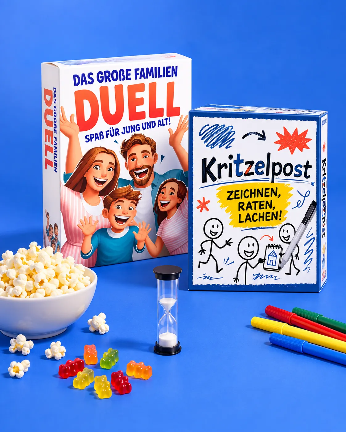 Die Familienspiele Das große Familien-Duell und Kritzelpost neben Popcorn und Stiften