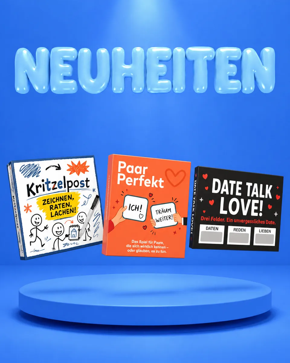 Die Neuheiten Kritzelpost, Paar Perfekt und Date Talk Love schweben über einem blauen Podest