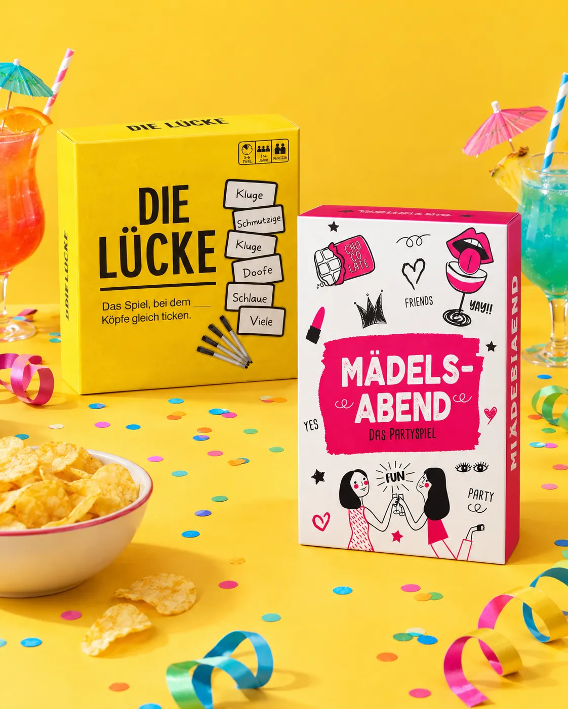 Die Partyspiele Die Lücke und Mädelsabend zwischen Konfetti und Cocktails